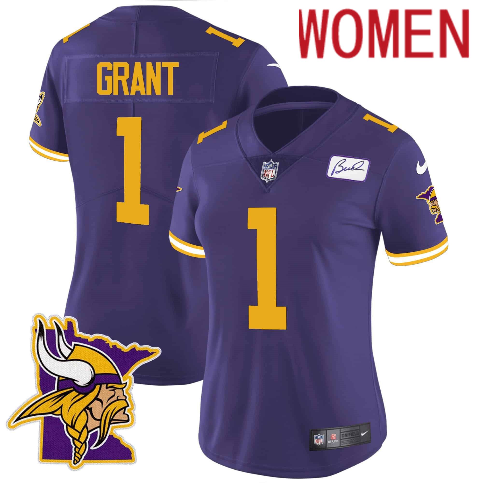 Women Minnesota Vikings 1 Grant Purple 2024 Nike Patch Classic Limited NFL Jersey style 2
